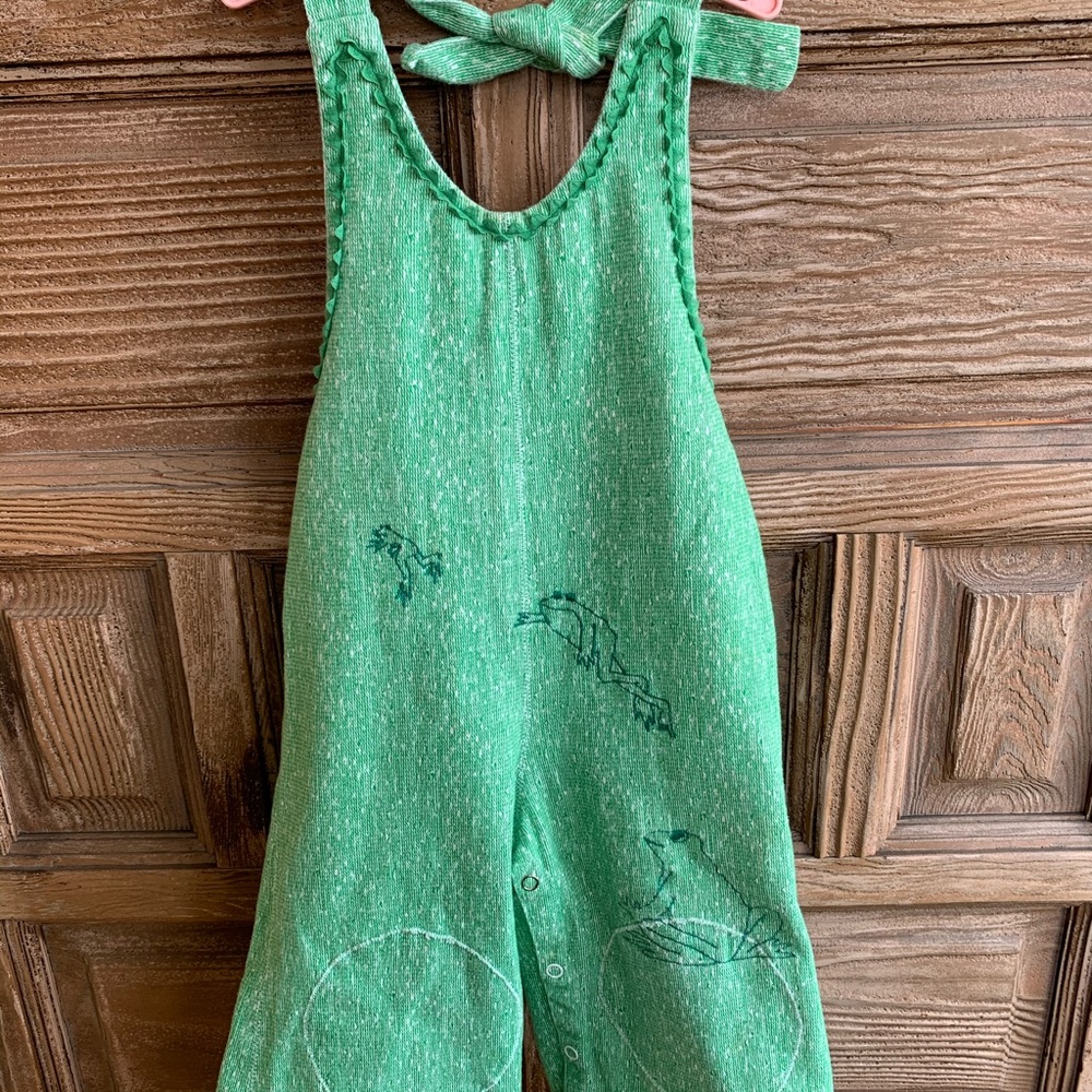 Vintage children’s green frog overalls and bonnet